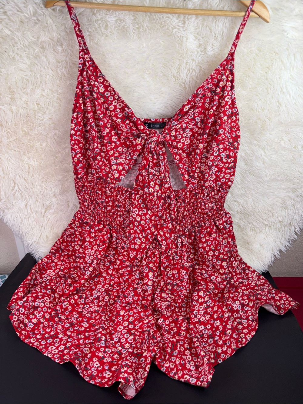 SHEIN Red Daisy Tie-Front Floral Romper 2Xl - Picture 6 of 9